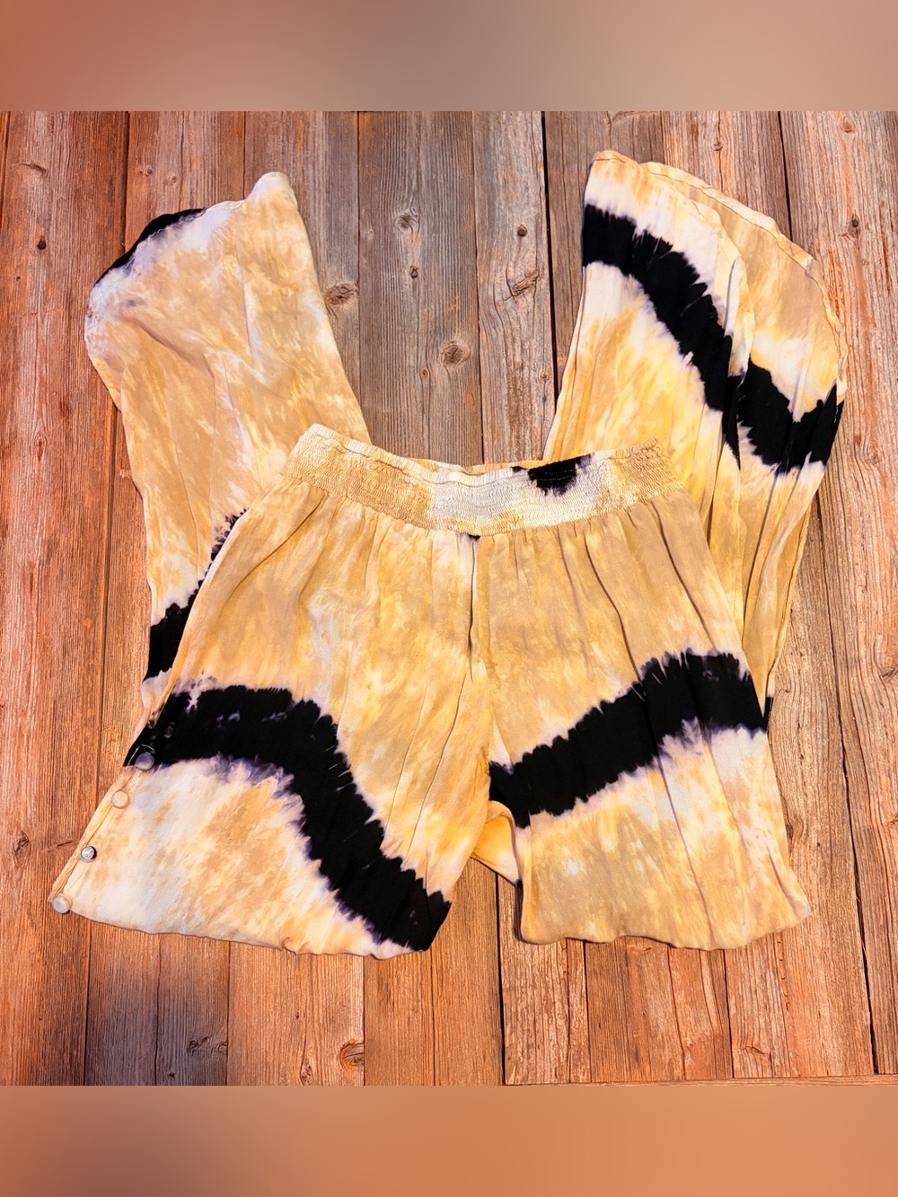 Yellow Tie-Dye Wide-Leg Women’s Pants with Black Accent